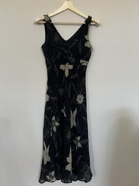 Zara Basic Black Floral Midi Dress Size 6